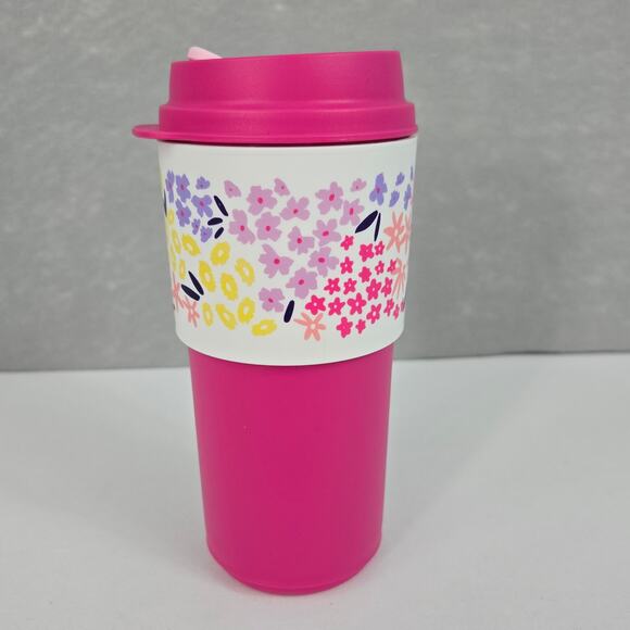Tupperware Eco To Go Hot or Cold 16 oz Tumbler Pink Floral Removable Sleeve NEW - Picture 2 of 7